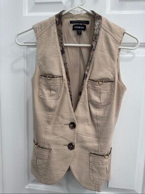 bebe Beige Sleeveless Blazer Vest with Snakeskin Trim